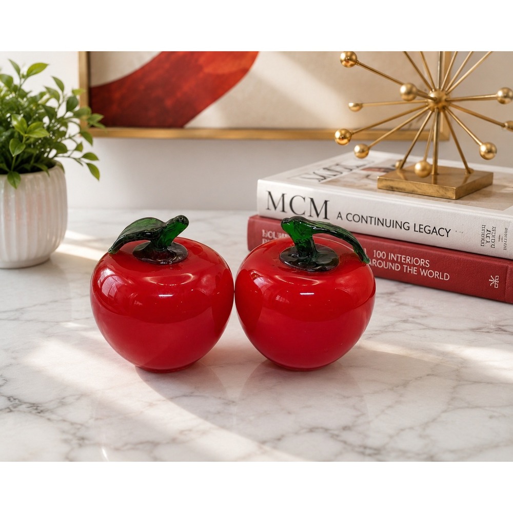 Vintage Red Art Glass Apple Paperweights Murano Style MCM Fruit Decor Pair